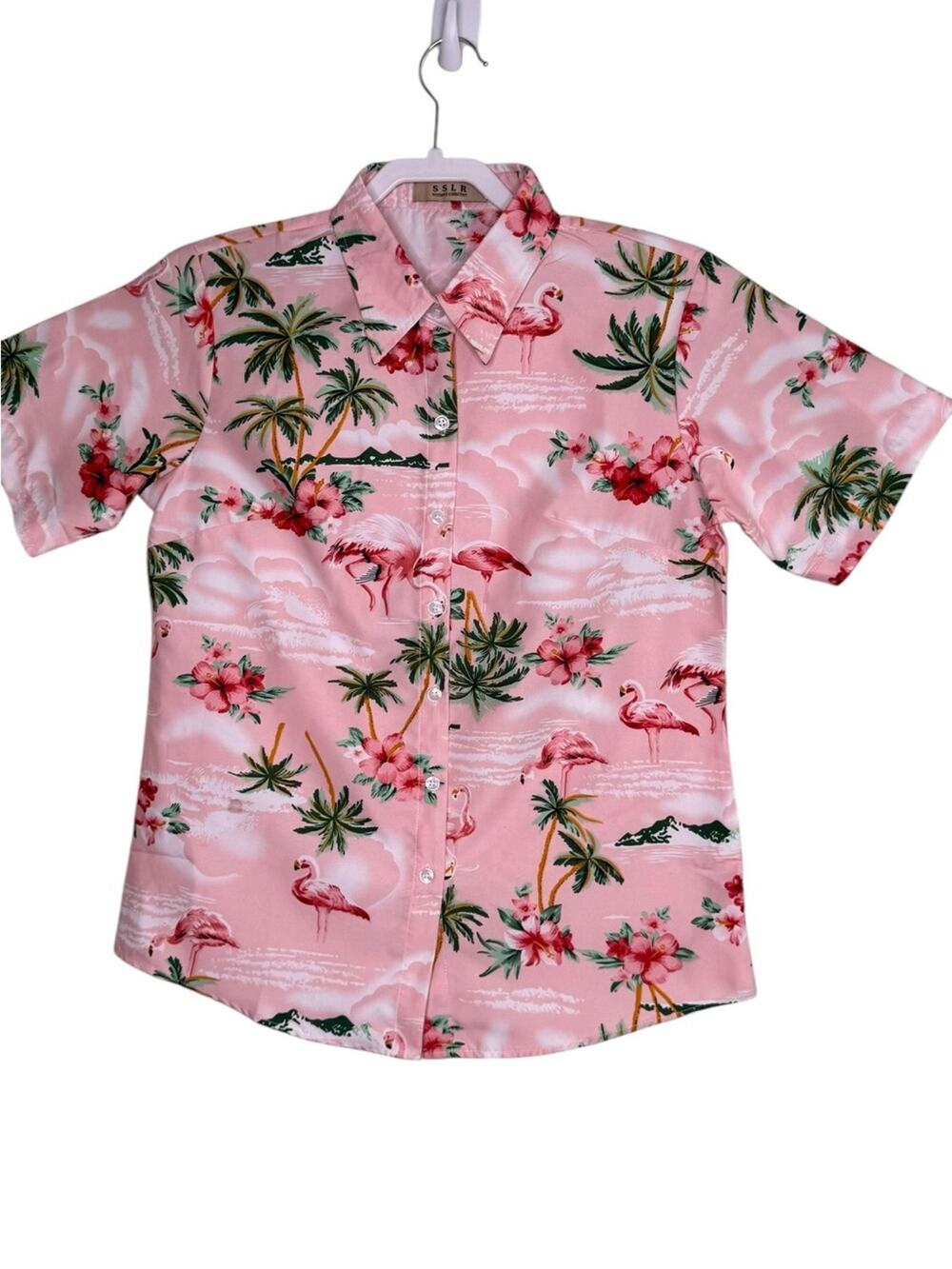 SSLR Women’s Pink Flamingo Hawaiian Shirt Blouse Tropical Hibiscus Size S EUC